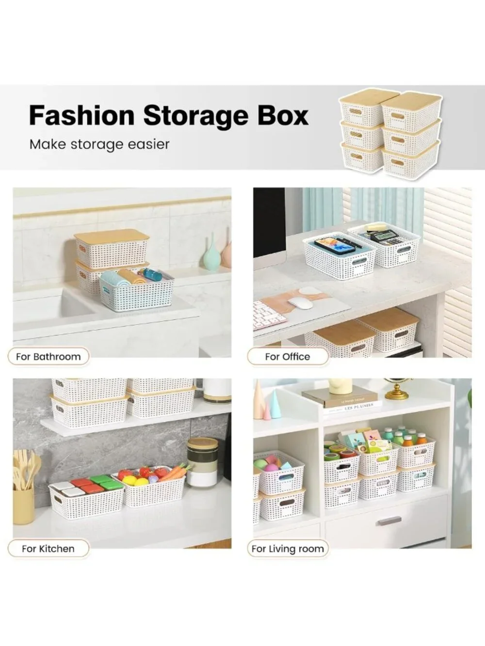 Stackable Plastic Storage Baskets with Bamboo Lids - 6 Pack for Organizing Home
